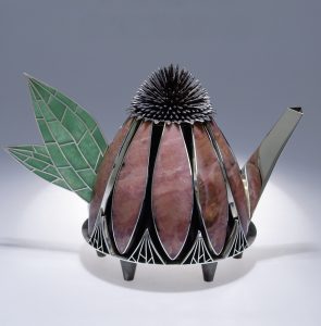 Echinacea Teapot by Valerie Jo Coulson. Sterling Silver, Pink Rhodonite, Chrysoprase